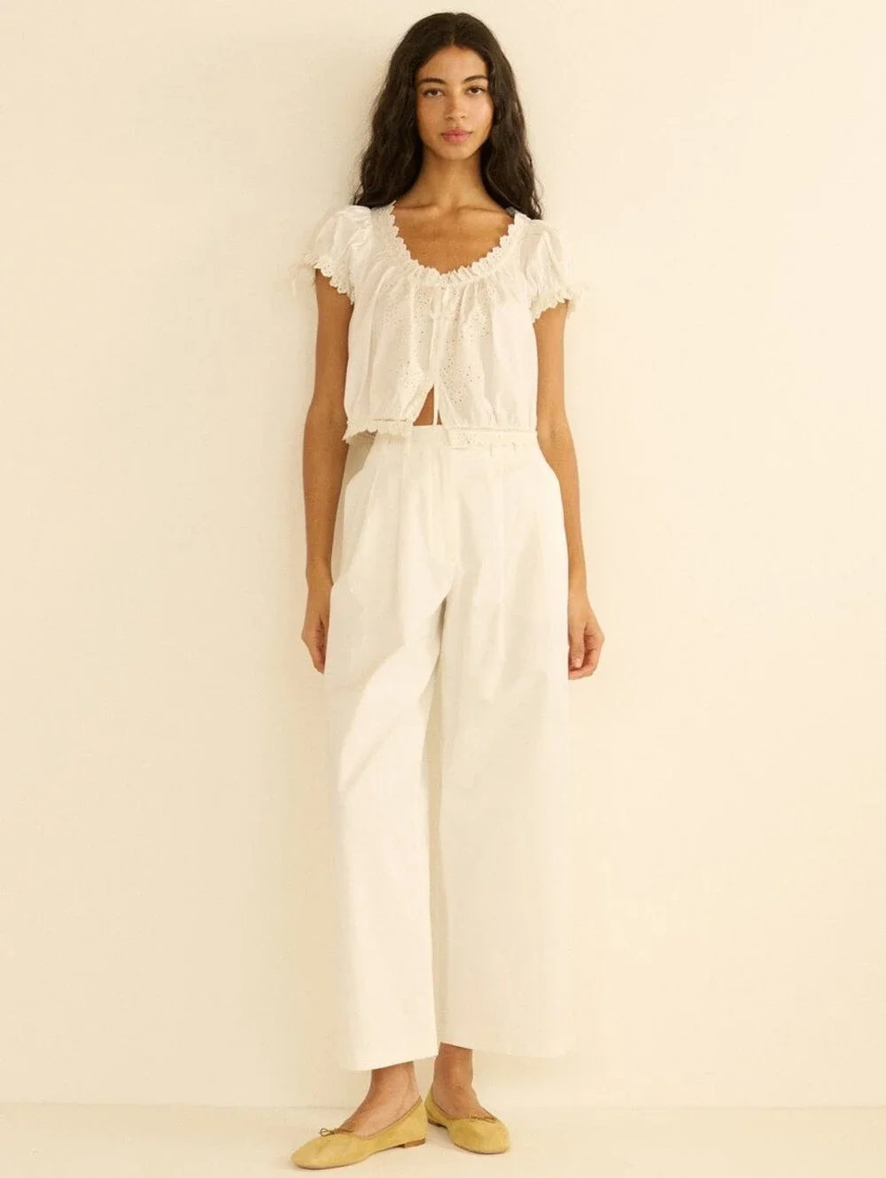 Doen NERA TOP IN SALT White Lace-Trim Peasant Top XLarge